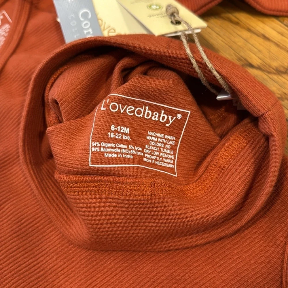 NWT Lovedbaby Rust Organic Cotton Baby Bodysuit and Hat Set 6-9 months corduroy